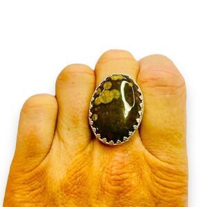 Bold Oval Jasper Sterling Silver Floral Band Custom Ring - NEW